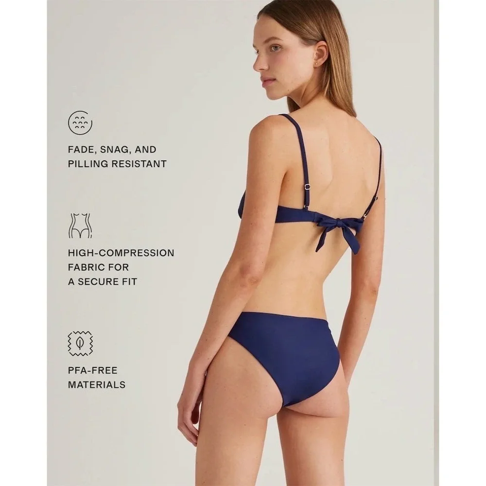 Quince Bikini Top Womens Size L Navy Blue Underwire Balconette Tie Back bikini